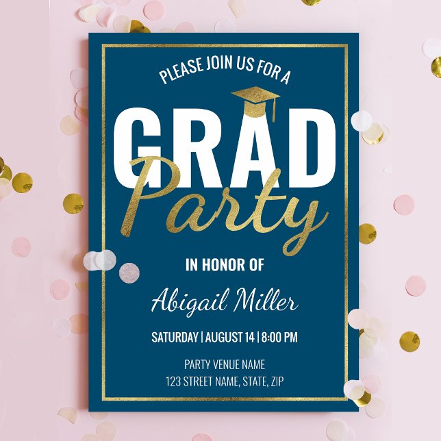 Invitation Bleu & Or Moderne Script Graduation Party (Créateur téléchargé)