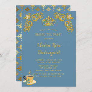 Invitation Bleu & Or Royal Couronne Damask Bride Tea Party