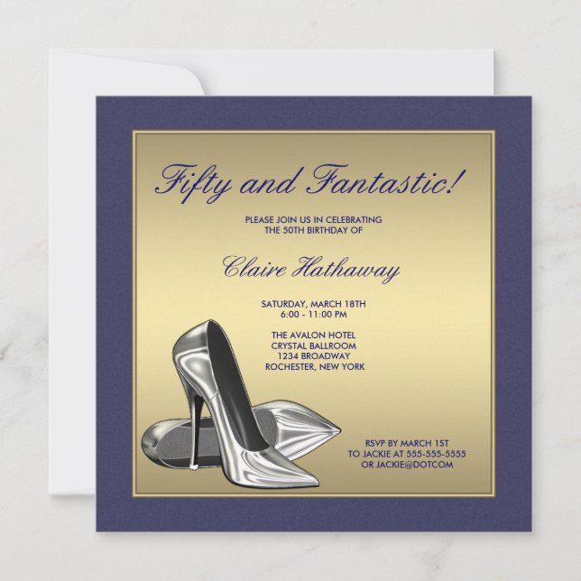 Invitation Bleu or talons hauts femmes 50e anniversaire (Devant)