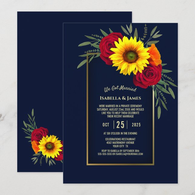 Invitation Bleu or tournesol rouge Rose accueil de mariage (Devant / Derrière)