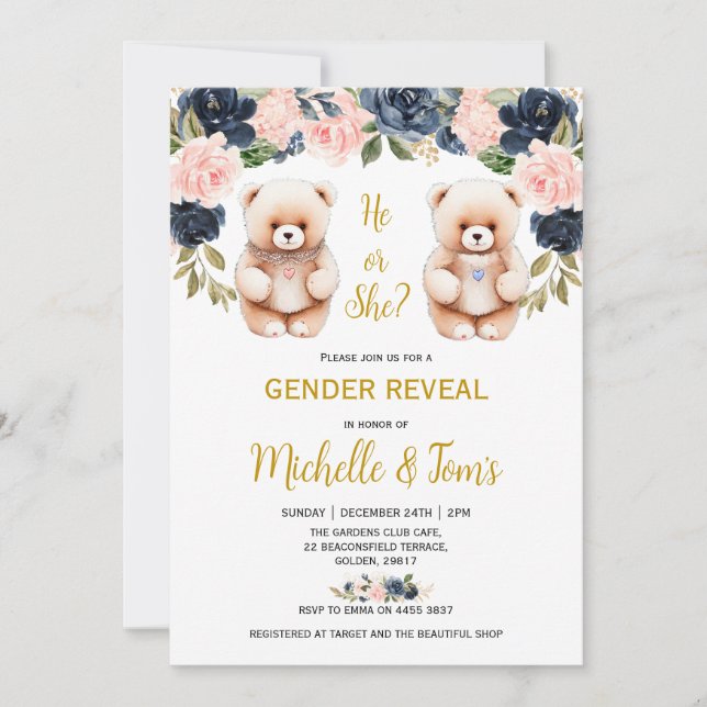 Invitation Bleu ou rose Teddy Bear Genre Revevela Party (Devant)