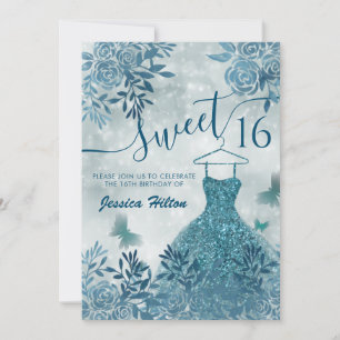 Invitation Bleu Papillon fleuri robe de jardin sweet sixteen 