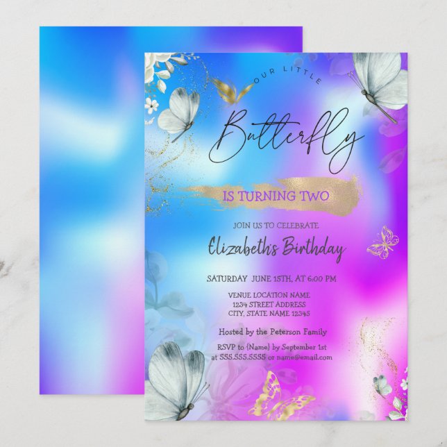 Invitation Bleu papillons Holographique Anniversaire (Devant / Derrière)
