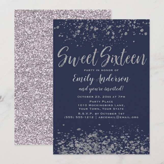 Invitation Bleu Parties scintillant argent doux 16 (Devant / Derrière)