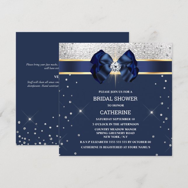 Invitation Bleu parties scintillant argent or ruban arc brill (Devant / Derrière)