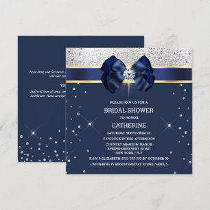 Invitation Bleu parties scintillant argent or ruban arc brill