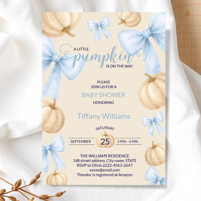 Invitation Bleu Pastel Aquarelle ruban Citrouille arc (Little Pumpkin Baby Shower Invitation Boy | delicate Blue Bow Fall Theme)