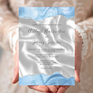 Invitation Bleu pastel bébé argent agate blanc soie mariage