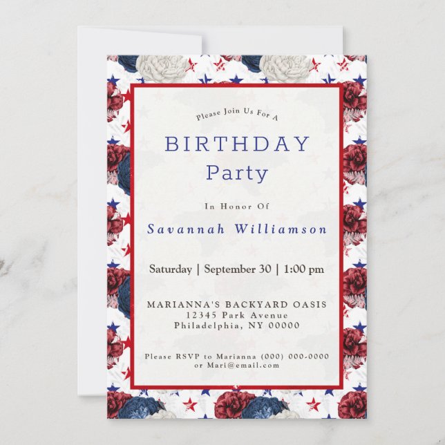 Invitation Bleu patriotique Rouge Star Rose Bouquet Anniversa (Devant)