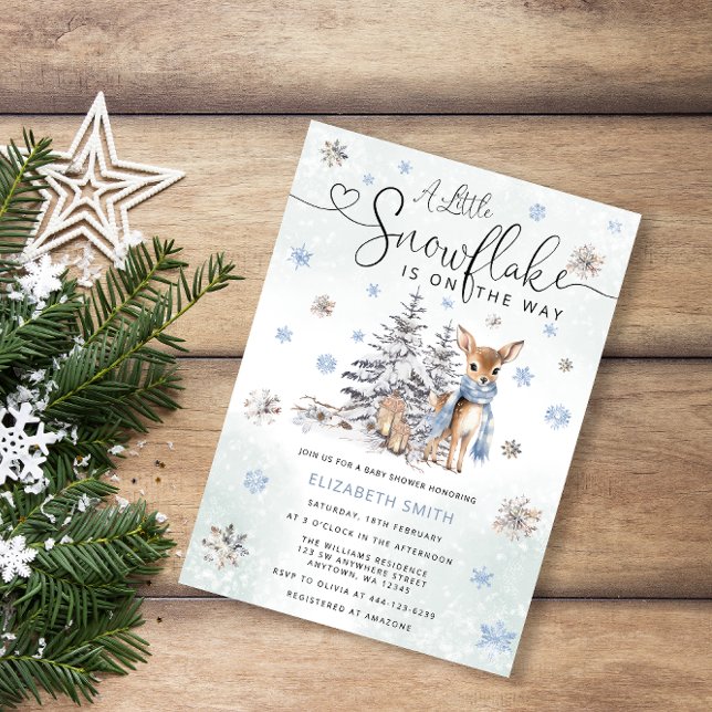 Invitation Bleu Petit Fléau de neige Hiver Bois Cerf Bébé (Créateur téléchargé)