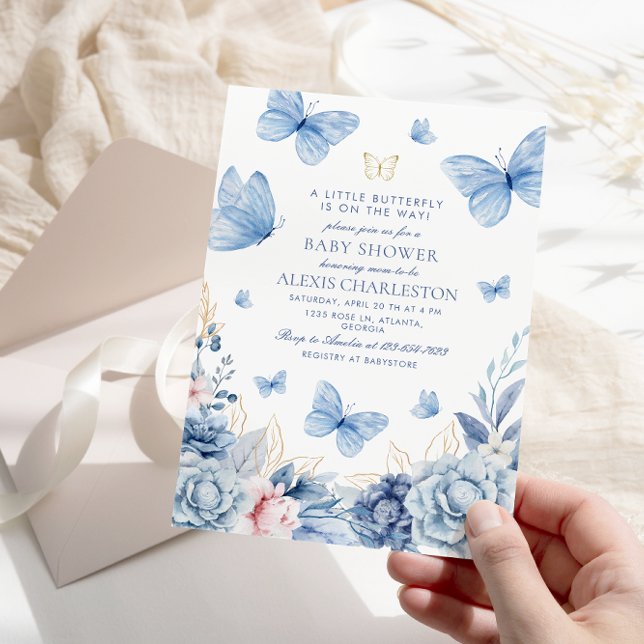 Invitation Bleu Petit Papillon Fleurs Baby shower garçon (Créateur téléchargé)