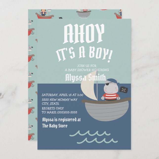 Invitation Bleu Petit Pirate Baby shower bébé garçon (Devant / Derrière)