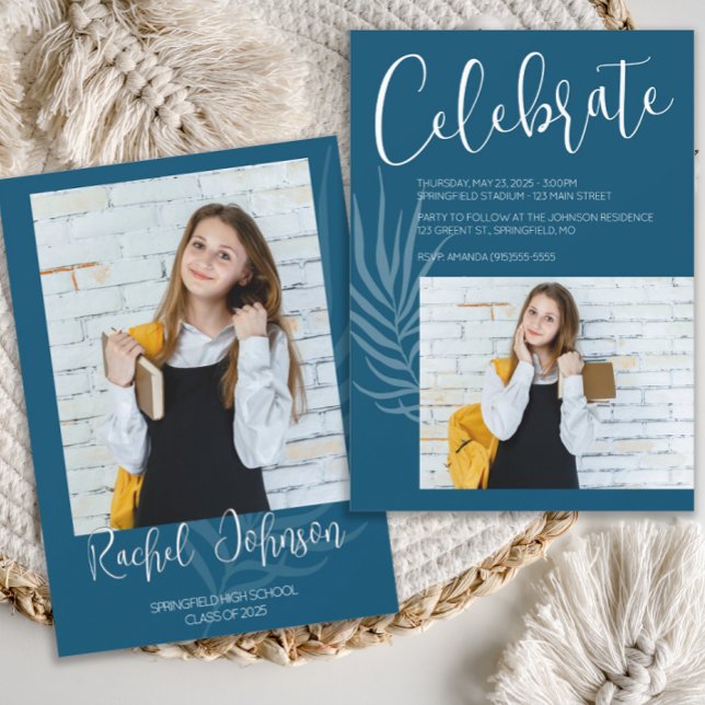 Invitation Bleu Photo Graduation (Blue and gold graduation announcement)