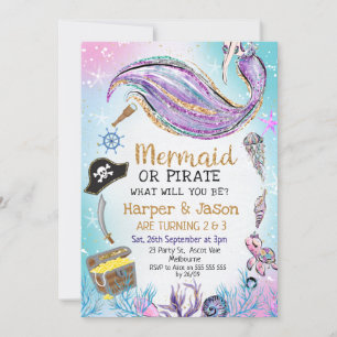 Invitation Bleu Pirates mauve Mermaid Anniversaire
