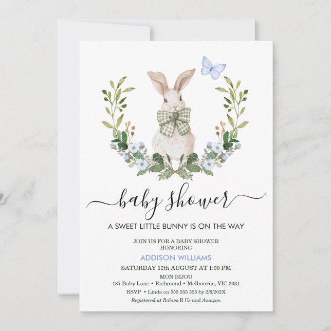 Invitation Bleu pittoresque Garys Little Bunny Baby shower (Devant)