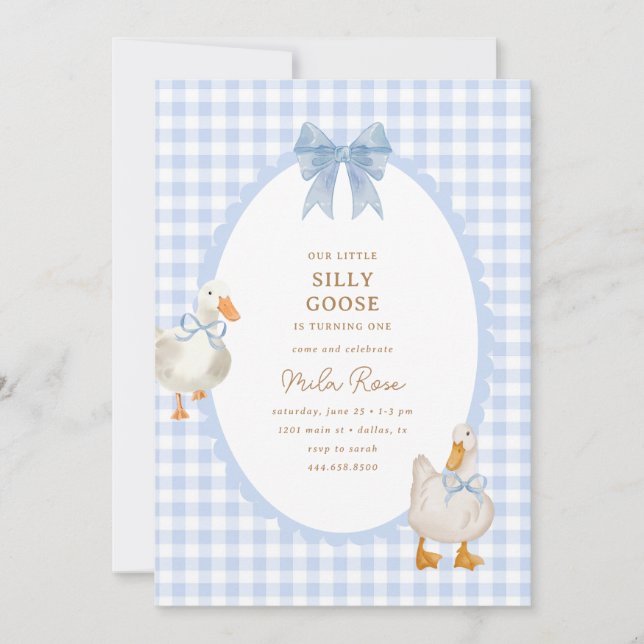 Invitation Bleu Plaid Silly Goose Coquette Anniversaire (Devant)