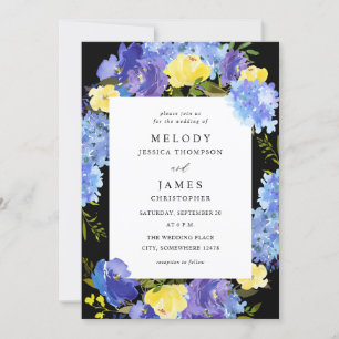 Invitation Bleu pourpre et jaune Mariage floral - Noir