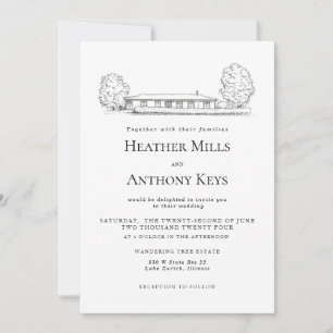 Invitation Bleu Poussiéreux avec Croquis du Lieu