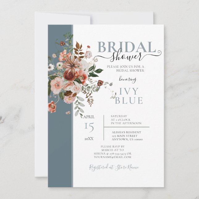 Invitation Bleu poussiéreux avec Fête des mariées florale ros (Devant)