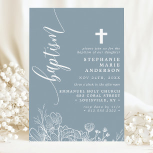 Invitation Bleu Poussiéreux Blanc Floral Élégant Baptême Scri