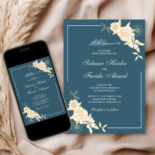 Invitation Bleu Poussiéreux Crème Florale Branche Mariage Mus