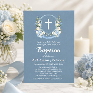 Invitation Bleu Poussiéreux Croix Blanche Florale Crest Baptê
