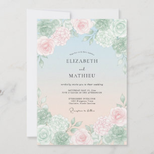 Invitation Bleu Poussiéreux Douce Fleur Romance Mariage