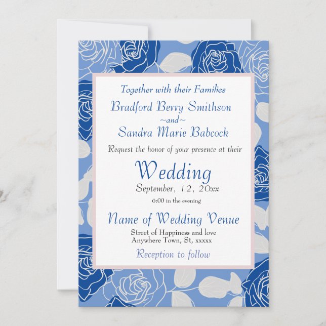 Invitation Bleu Poussiéreux Élégant Blanc Gris Rose Floral Ma (Devant)