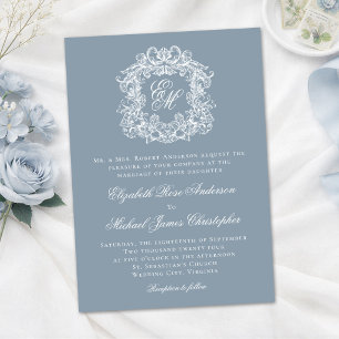 Invitation Bleu Poussiéreux Élégant Mariage Blason Monogramme