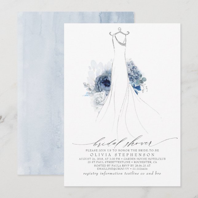 Invitation Bleu poussiéreux et fleurs de marine habiller Fête (Devant / Derrière)