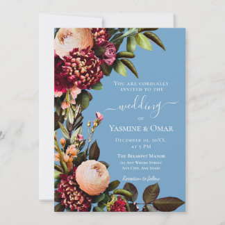 Invitation Bleu poussiéreux et floral bordeaux avec code QR