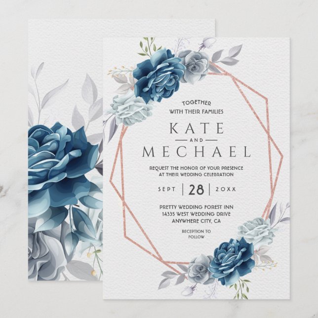 Invitation Bleu poussiéreux et floral élegant (Devant / Derrière)