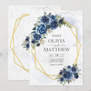 Invitation Bleu poussiéreux et floral marine Élégant