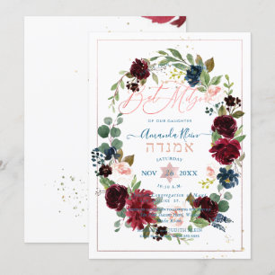 Invitation Bleu Poussiéreux + Fleurs Aquarelles Corail Bat Mi
