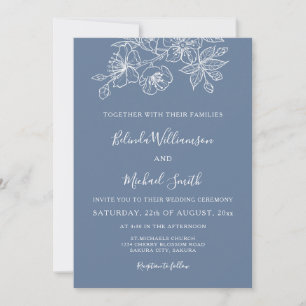 Invitation Bleu Poussiéreux Fleurs Blanches Art Linéaire Ma
