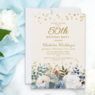 Invitation Bleu Poussiéreux Fleurs Blanches Or 50e Anniversai