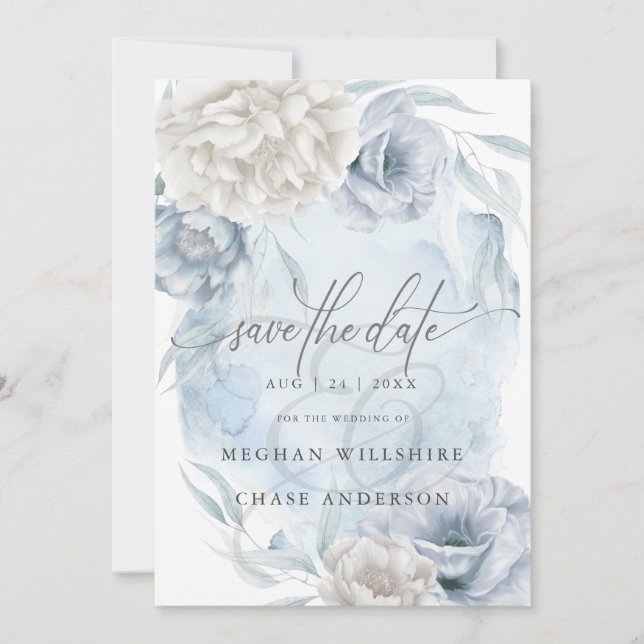 Invitation Bleu Poussiéreux Fleurs Élégantes Rustiques d'Ivoi (Devant)
