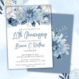 Invitation Bleu Poussiéreux Floral 10ème Anniversaire de Mari