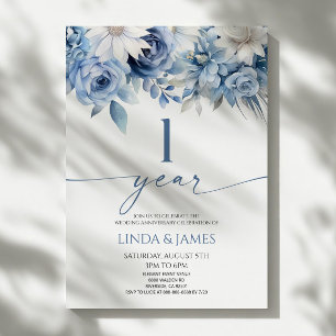 Invitation Bleu Poussiéreux Floral 1er Anniversaire de Mariag