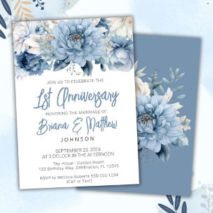 Invitation Bleu Poussiéreux Floral 1er Anniversaire de Mariag