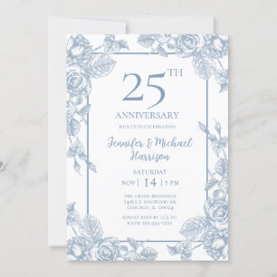 Invitation Bleu Poussiéreux Floral 25e Anniversaire