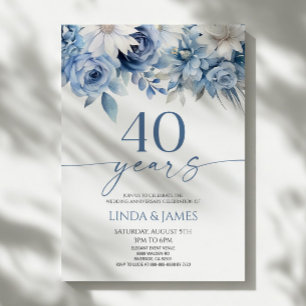 Invitation Bleu Poussiéreux Floral 40e Anniversaire de Mariag