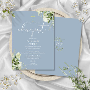 Invitation Bleu Poussiéreux Floral de Verdure Chrzest Baptême