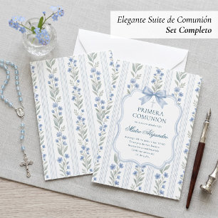 Invitation Bleu Poussiéreux Floral Toile   Première Communion