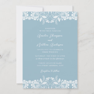 Invitation Bleu Poussiéreux Mariage Blanc Dentelle Vintage