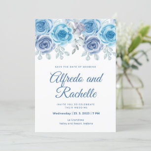 Invitation bleu poussiéreux mariage peony rose floral mariage