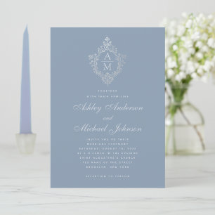 Invitation Bleu Poussiéreux Monogramme Vintage Blason Floral 