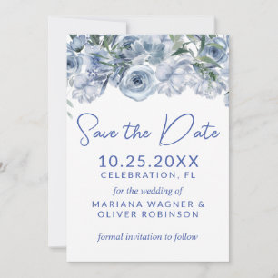 Invitation Bleu Poussiéreux sur Fond Blanc Fleurs Romantiques