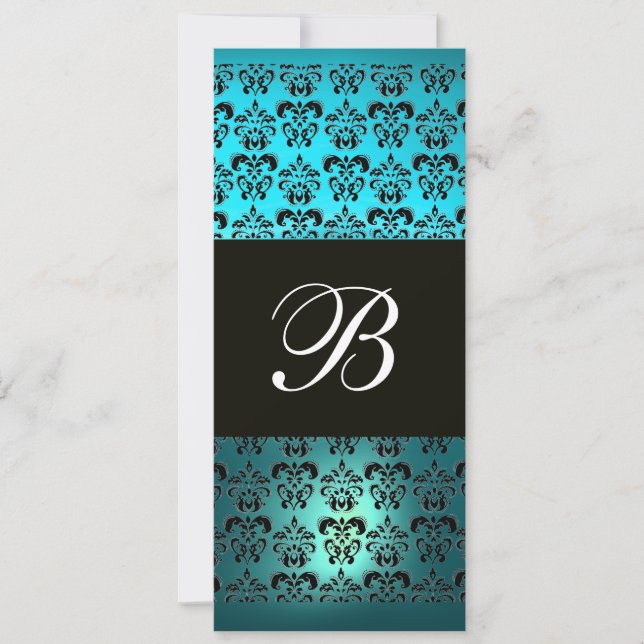 Invitation BLEU PURPLE BLACK DAMASK MONOGRAM, turquase blanch (Devant)