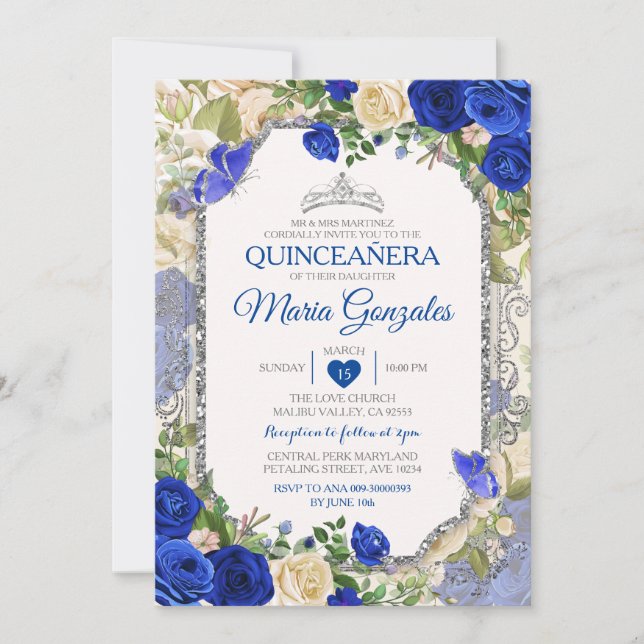 Invitation Bleu Quinceañera Argent Papillon de la Couronne 15 (Devant)